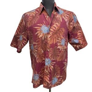 Reyn Spooner Shirt Button Up Mens Size M Red Floral Hawaiian Palm Cotton Blend‎